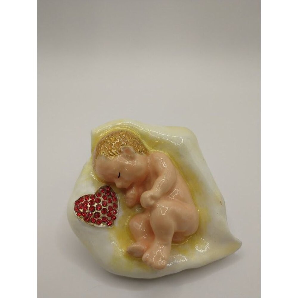 Hand-Painted Enameled Baby Sleeping in a Lily Flower Trinket Box